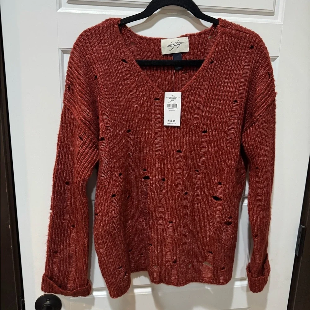 Women's Red Knit Sweater by Daytrip| Destructed | Boho| Buckle| - Picture 4 of 7